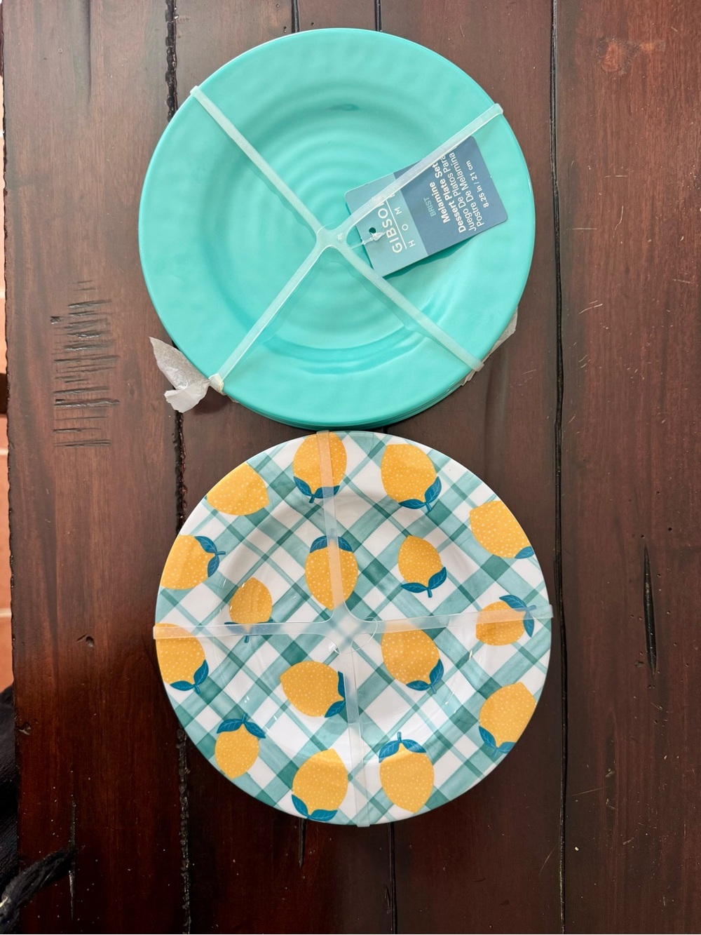 Gibson Turquoise Solid & Yellow Lemon Plaid Melamine Plate Duo